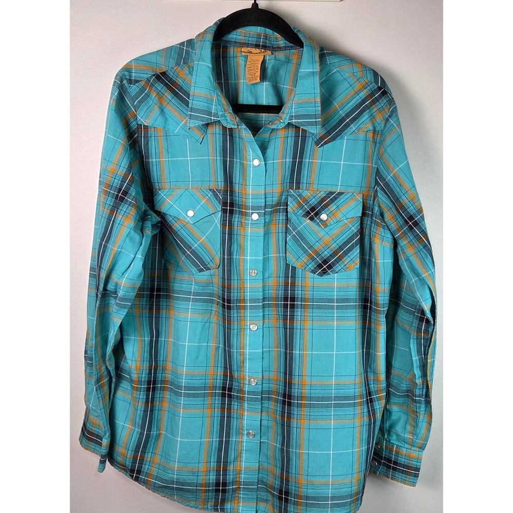 Old Canyon Western Shirt Mens XL Turquoise Plaid Pearl Snap Cowboy
